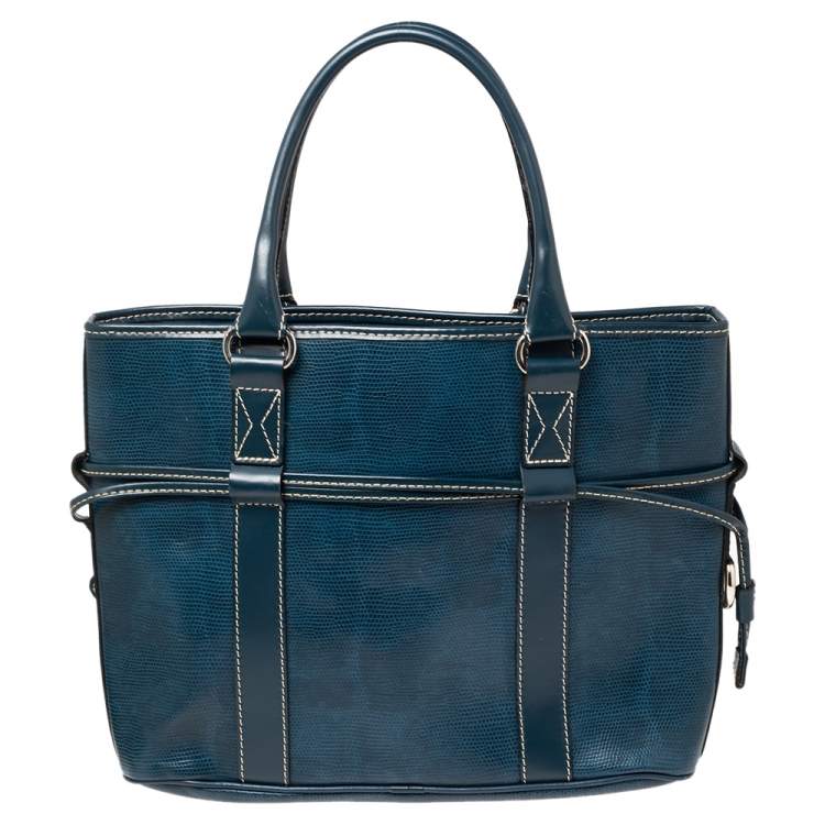 Pre Owned Lancel Blue Lizard Embossed Leather Drawstring Tote