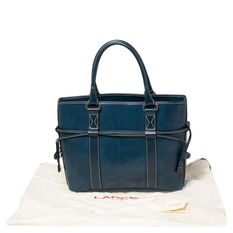 Pre Owned Lancel Blue Lizard Embossed Leather Drawstring Tote