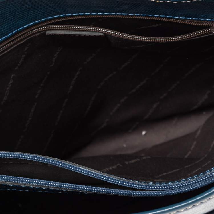 Pre Owned Lancel Blue Lizard Embossed Leather Drawstring Tote
