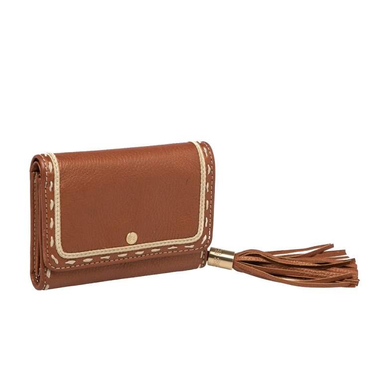 Pre Owned Lancel Metallic Tan Leather Tassel Compact Wallet