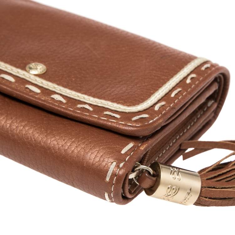 Pre Owned Lancel Metallic Tan Leather Tassel Compact Wallet