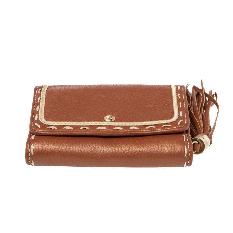 Pre Owned Lancel Metallic Tan Leather Tassel Compact Wallet