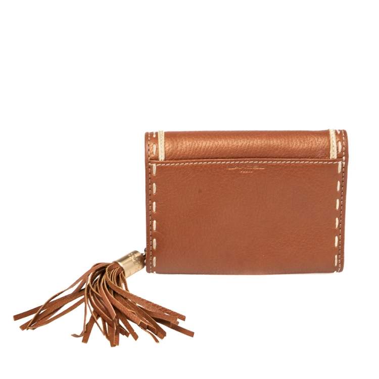 Pre Owned Lancel Metallic Tan Leather Tassel Compact Wallet