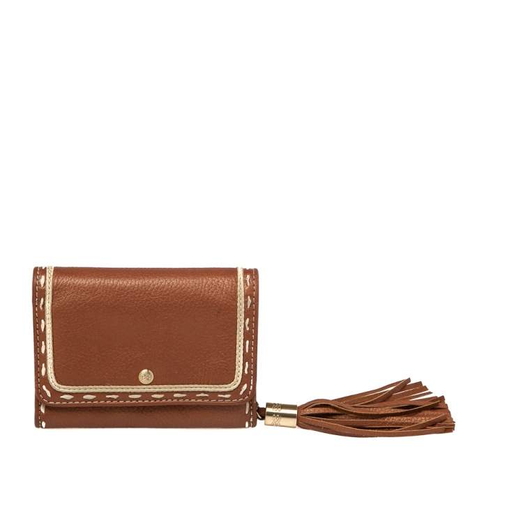 Pre Owned Lancel Metallic Tan Leather Tassel Compact Wallet