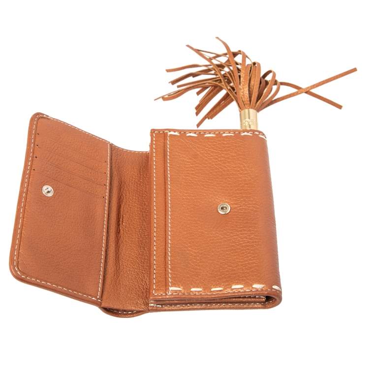 Pre Owned Lancel Metallic Tan Leather Tassel Compact Wallet