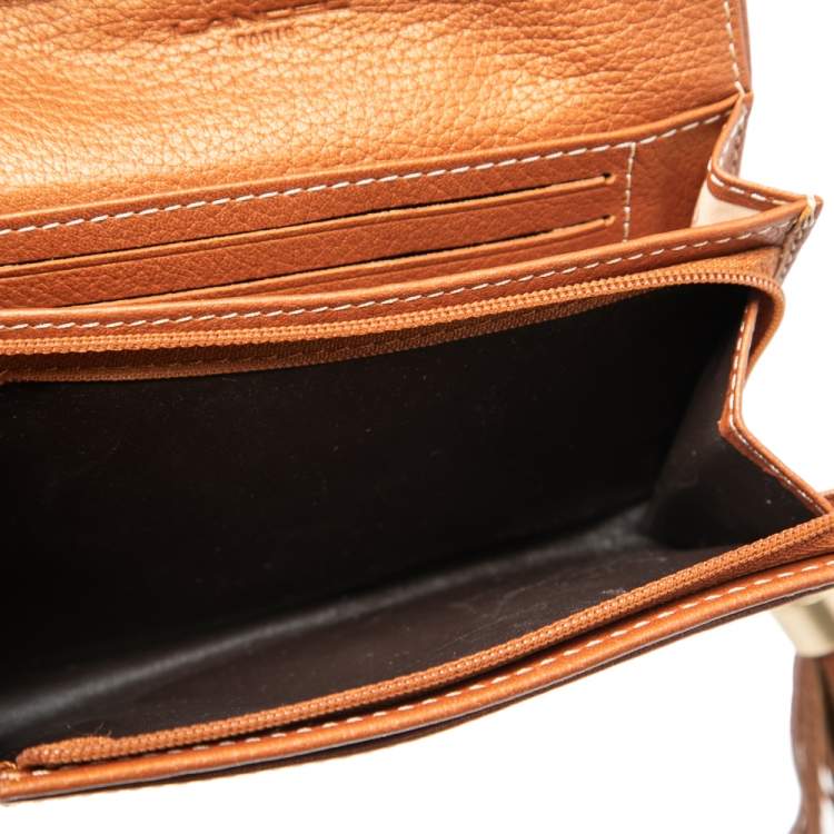 Pre Owned Lancel Metallic Tan Leather Tassel Compact Wallet