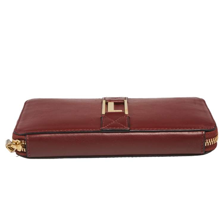 Pre Owned Lancel Burgundy Leather Logo Zip Around Wallet