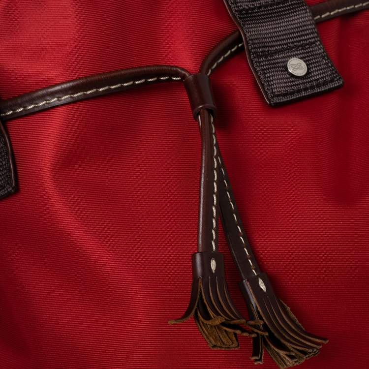 Pre Owned Lancel Red/Brown Nylon and Leather Tassel Drawstring Tote