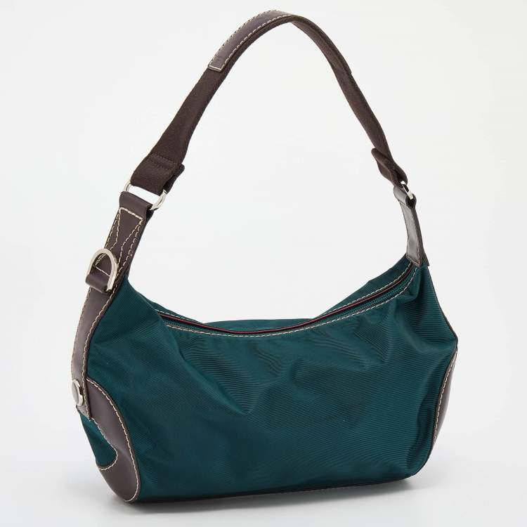 Pre Owned Lancel Teal Green/Brown Nylon And Leather Small Miss Bowling Shoulder Bag