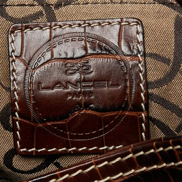 Pre Owned Lancel Brown Croc Embossed Leather and Suede Drawstring Shoulder Bag