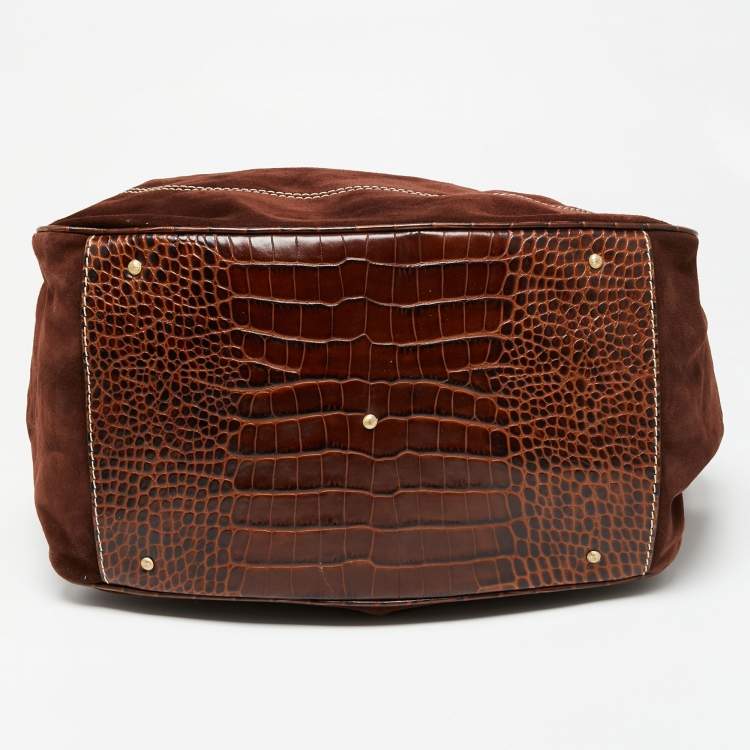 Pre Owned Lancel Brown Croc Embossed Leather and Suede Drawstring Shoulder Bag