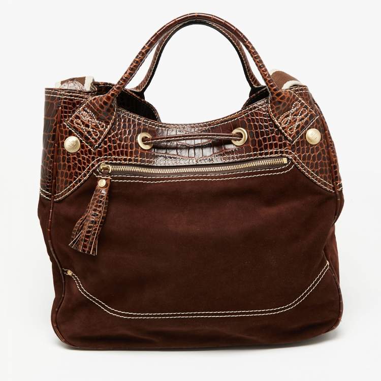 Pre Owned Lancel Brown Croc Embossed Leather and Suede Drawstring Shoulder Bag