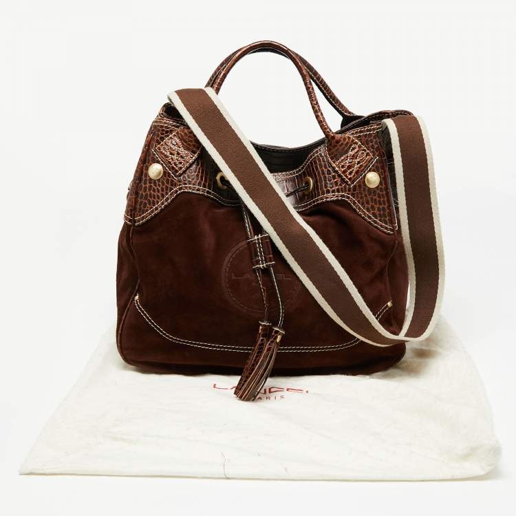 Pre Owned Lancel Brown Croc Embossed Leather and Suede Drawstring Shoulder Bag
