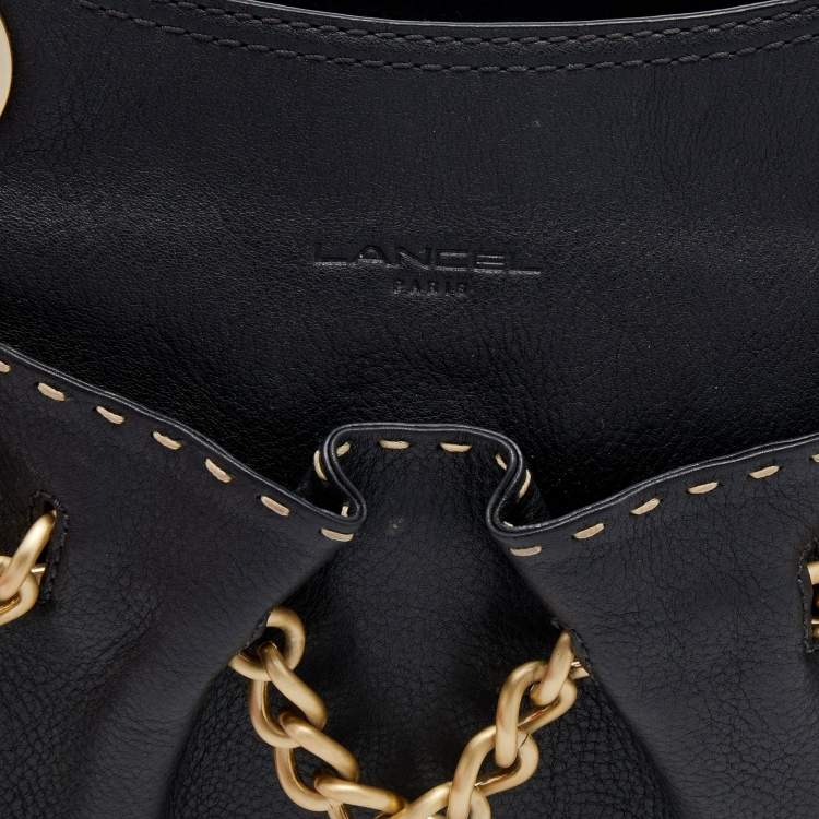 Pre Owned Lancel Black Leather Curb Chain Shoulder Bag