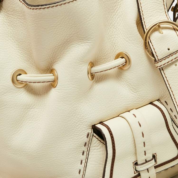 Pre Owned Lancel White/Brown Leather Premiere Flirt Bucket Bag