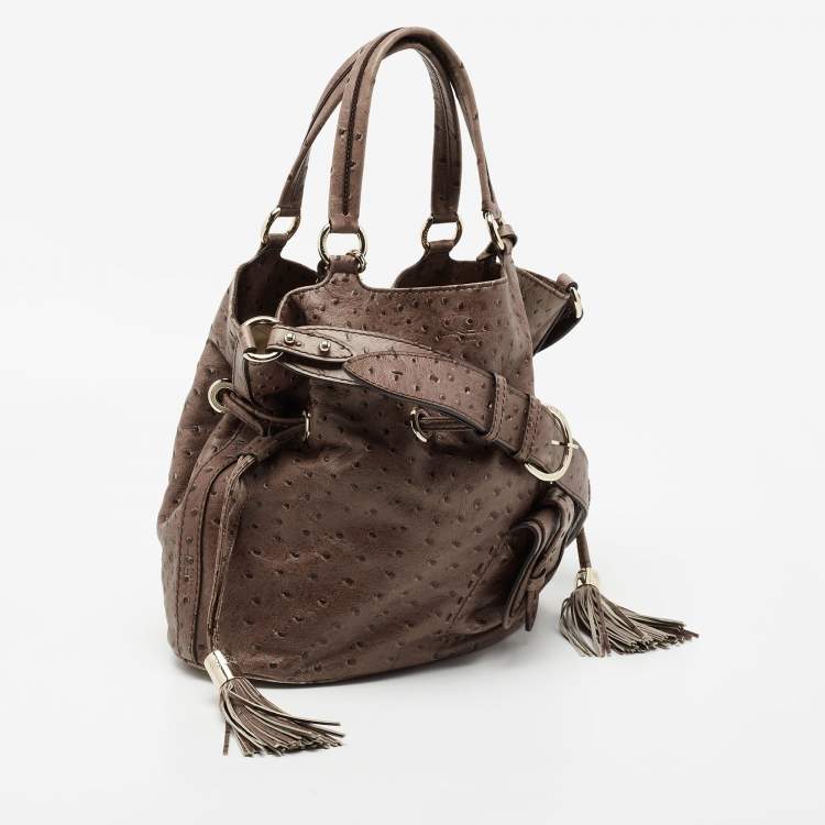 Pre Owned Lancel Brown Ostrich Embossed Leather Premiere Flirt Bucket Bag