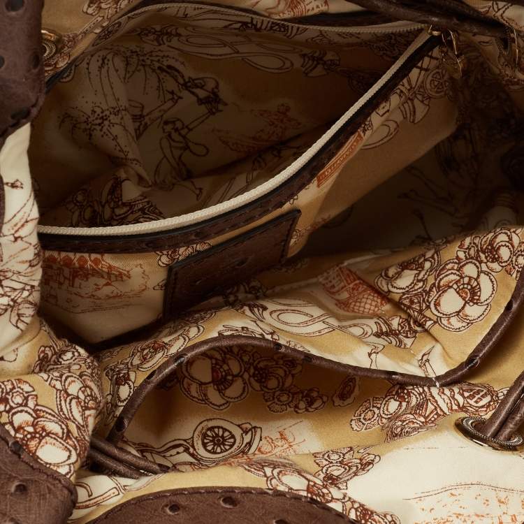 Pre Owned Lancel Brown Ostrich Embossed Leather Premiere Flirt Bucket Bag