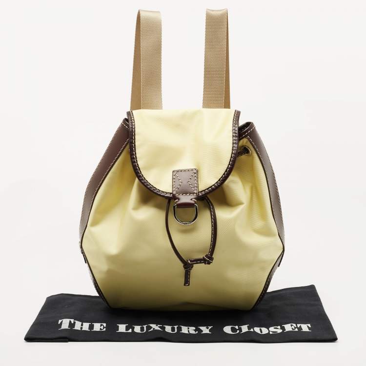 Pre Owned Lancel Yellow/Dark Brown Nylon and Leather Drawstring Backpack