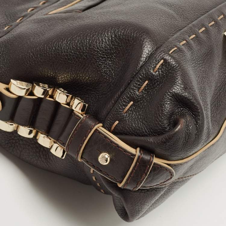 Pre Owned Lancel Dark Brown Wildstitch Leather Front Pocket Shoulder Bag