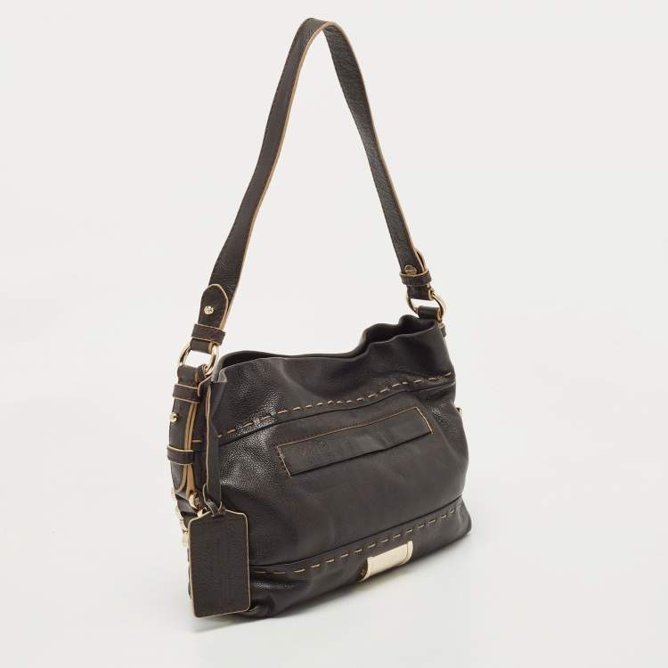 Pre Owned Lancel Dark Brown Wildstitch Leather Front Pocket Shoulder Bag