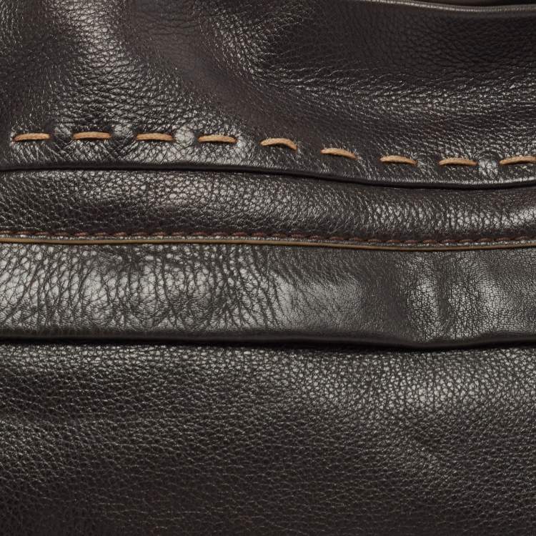 Pre Owned Lancel Dark Brown Wildstitch Leather Front Pocket Shoulder Bag