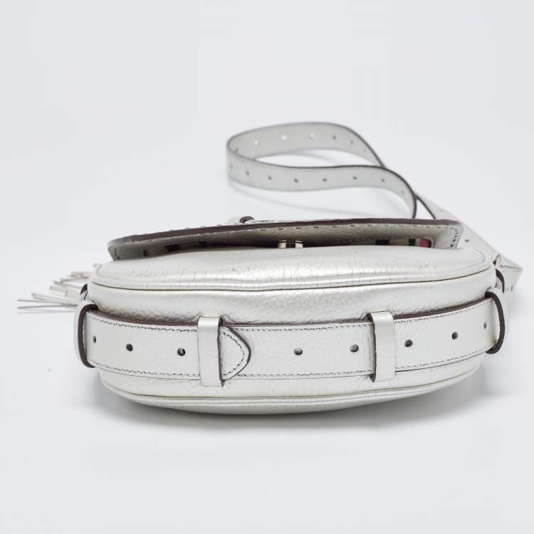 Pre Owned Lancel Silver Leather Logo Embellished Crossbody Bag