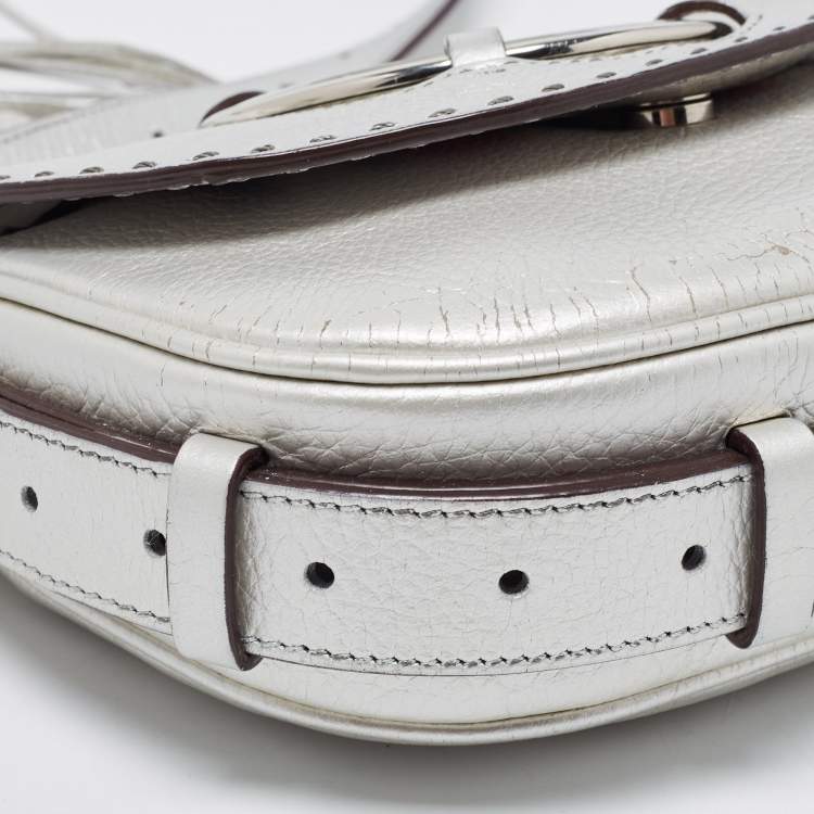 Pre Owned Lancel Silver Leather Logo Embellished Crossbody Bag