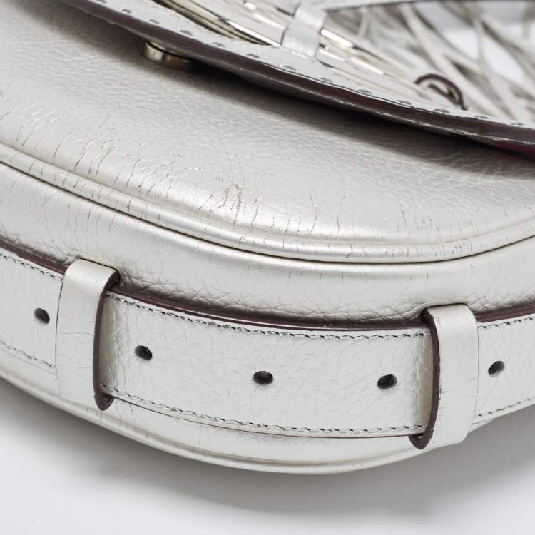 Pre Owned Lancel Silver Leather Logo Embellished Crossbody Bag