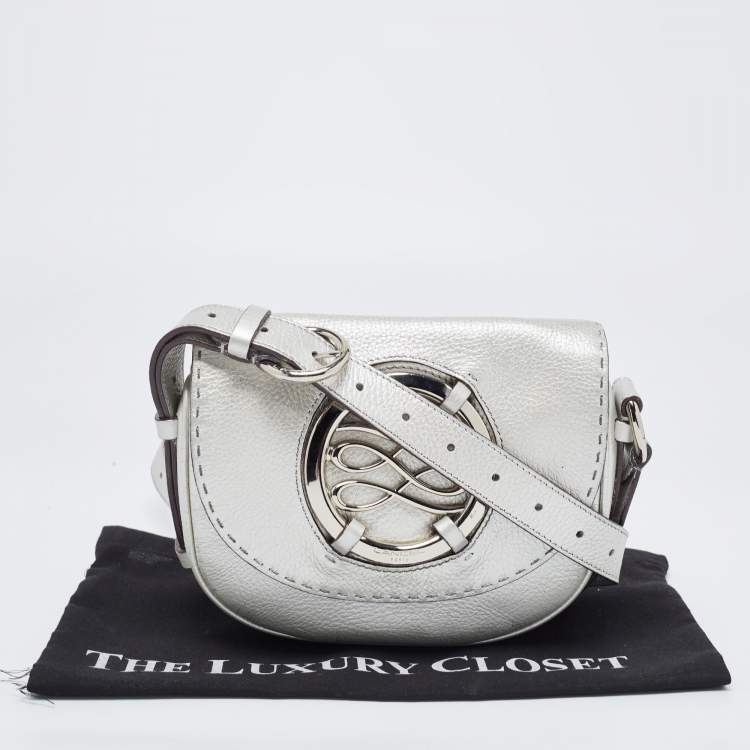 Pre Owned Lancel Silver Leather Logo Embellished Crossbody Bag