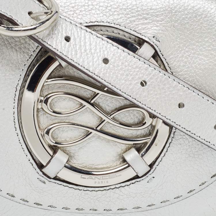 Pre Owned Lancel Silver Leather Logo Embellished Crossbody Bag