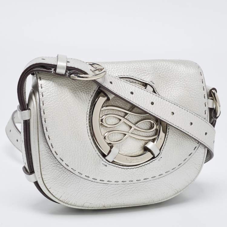 Pre Owned Lancel Silver Leather Logo Embellished Crossbody Bag