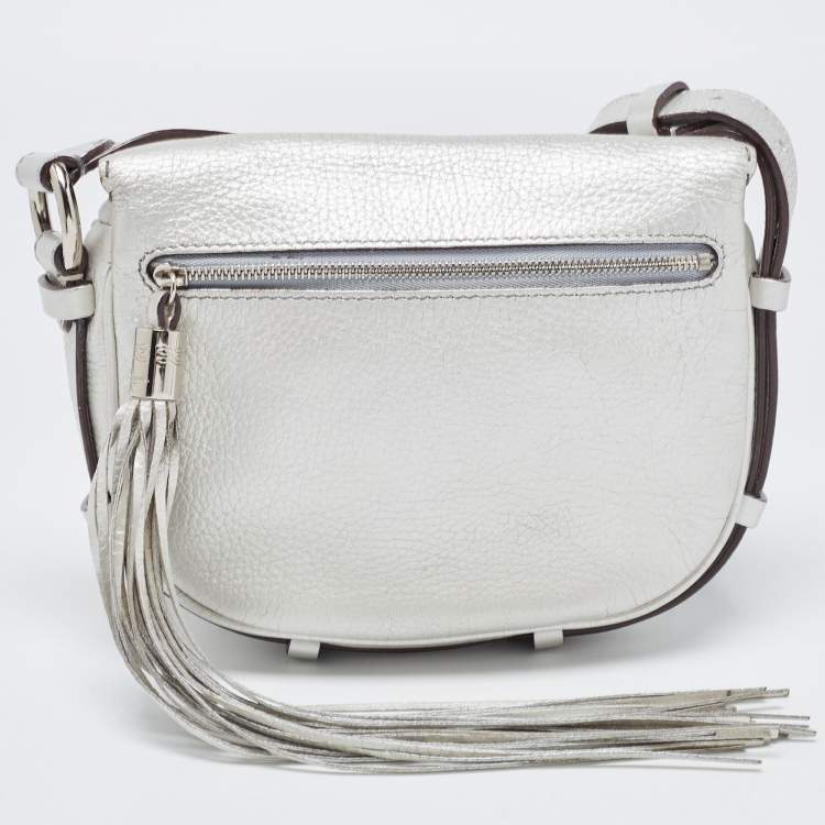 Pre Owned Lancel Silver Leather Logo Embellished Crossbody Bag