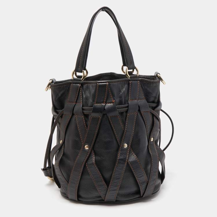 Pre Owned Lancel Dark Brown Leather Elsa Sellier Bucket Shoulder Bag