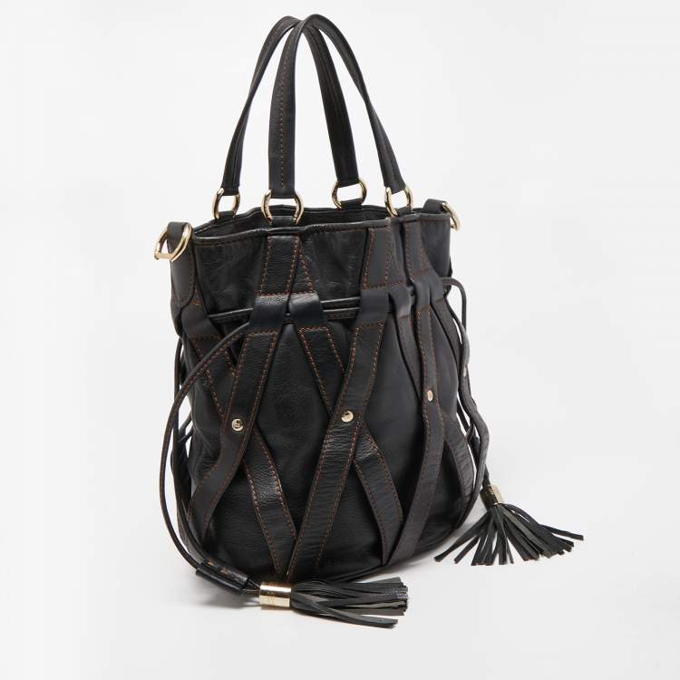 Pre Owned Lancel Dark Brown Leather Elsa Sellier Bucket Shoulder Bag