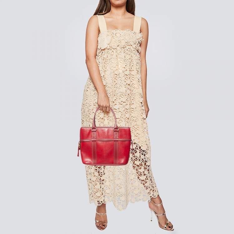 Pre Owned Lancel Red Embossed Leather Drawstring Tote