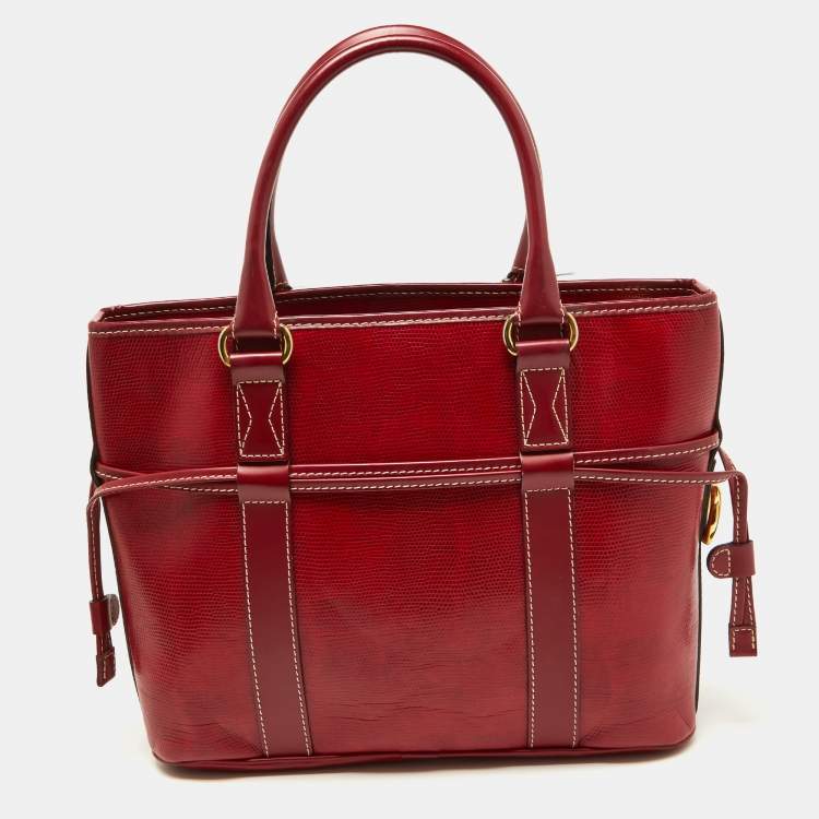 Pre Owned Lancel Red Embossed Leather Drawstring Tote