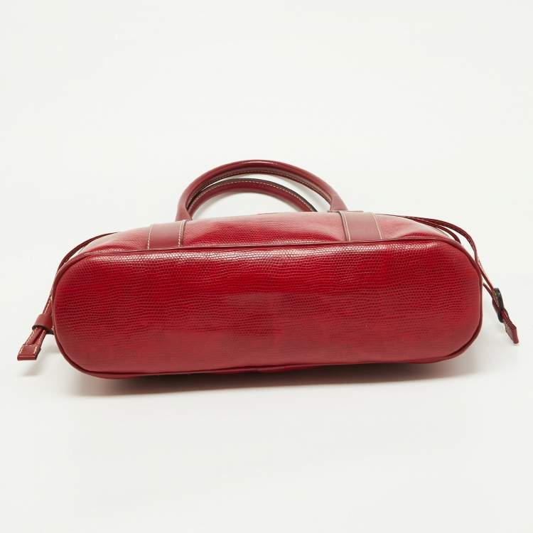 Pre Owned Lancel Red Embossed Leather Drawstring Tote