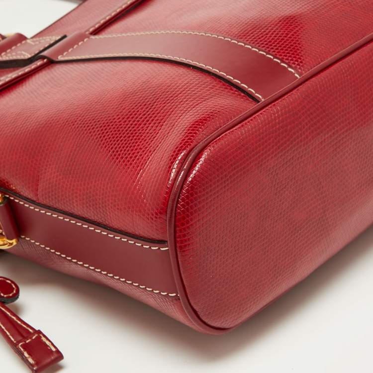 Pre Owned Lancel Red Embossed Leather Drawstring Tote
