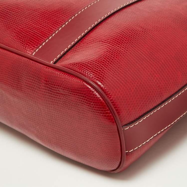 Pre Owned Lancel Red Embossed Leather Drawstring Tote