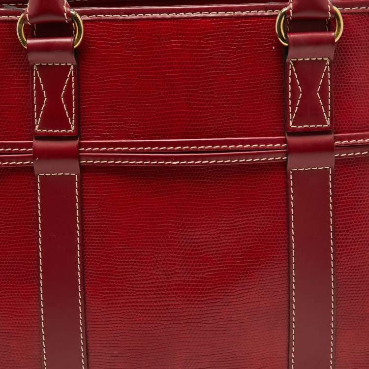 Pre Owned Lancel Red Embossed Leather Drawstring Tote