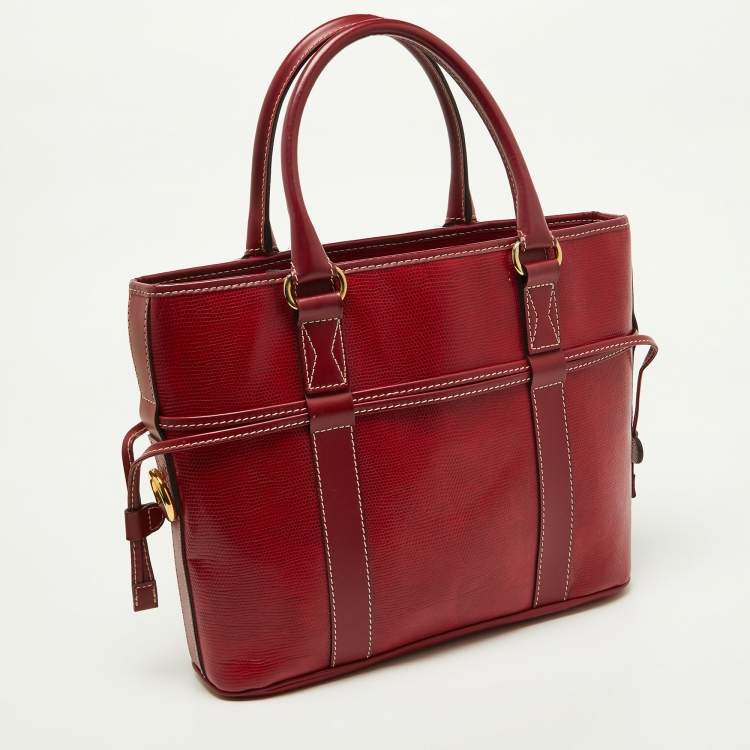 Pre Owned Lancel Red Embossed Leather Drawstring Tote