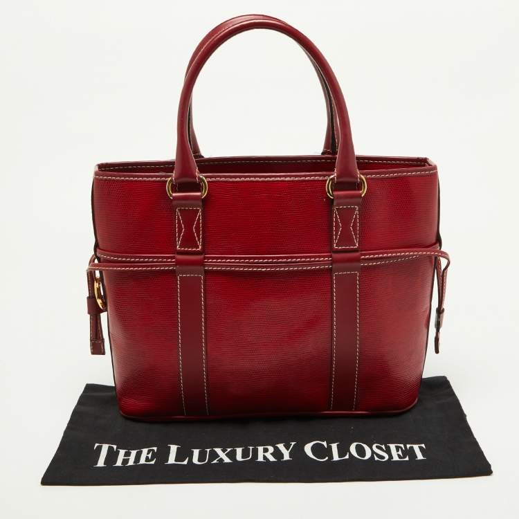 Pre Owned Lancel Red Embossed Leather Drawstring Tote