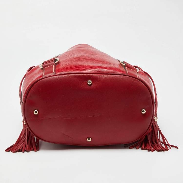 Pre Owned Lancel Red Leather Drawstring Hobo