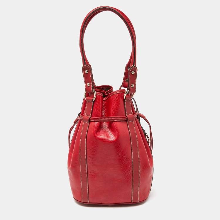 Pre Owned Lancel Red Leather Drawstring Hobo