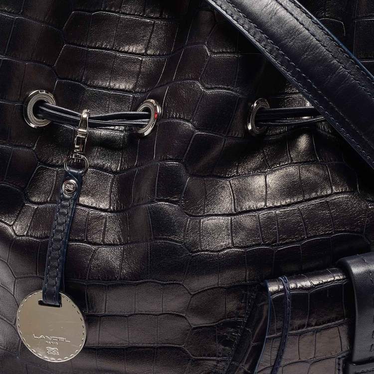 Pre Owned Lancel Metallic/Navy Blue Croc Embossed Leather Large Premier Flirt Bucket Bag