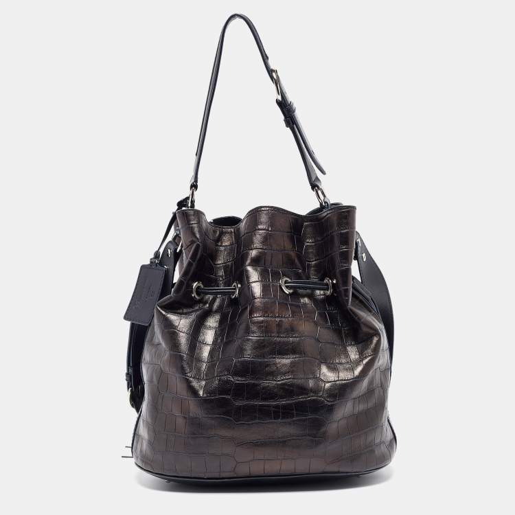 Pre Owned Lancel Metallic/Navy Blue Croc Embossed Leather Large Premier Flirt Bucket Bag