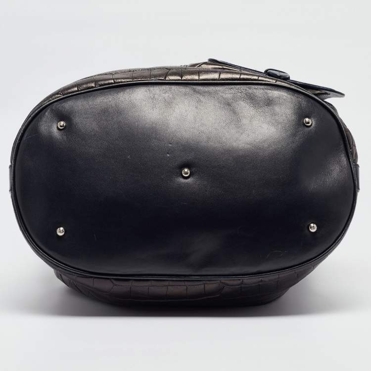 Pre Owned Lancel Metallic/Navy Blue Croc Embossed Leather Large Premier Flirt Bucket Bag