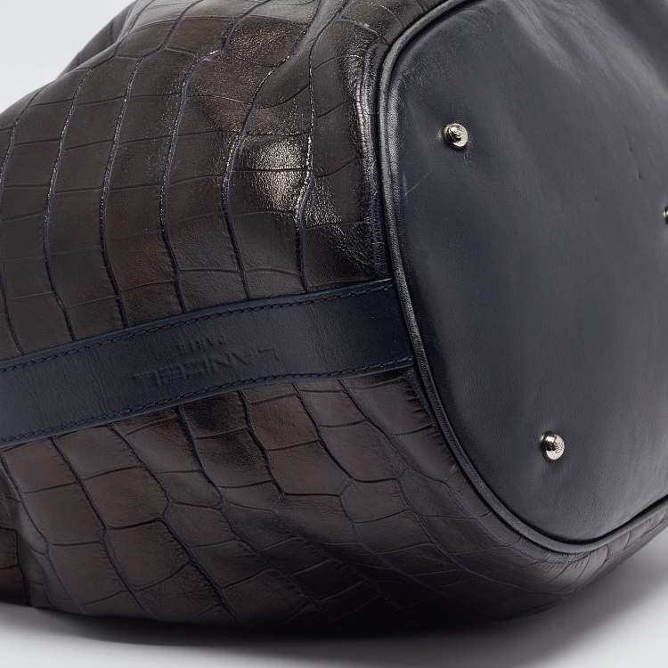 Pre Owned Lancel Metallic/Navy Blue Croc Embossed Leather Large Premier Flirt Bucket Bag