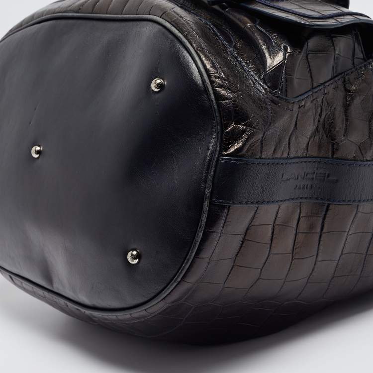 Pre Owned Lancel Metallic/Navy Blue Croc Embossed Leather Large Premier Flirt Bucket Bag