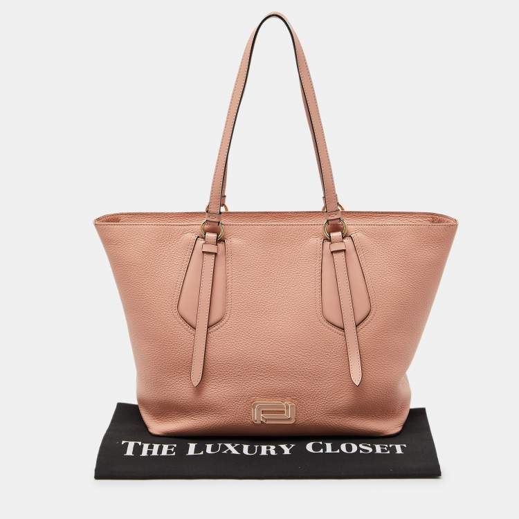 Pre Owned Lancel Peach Leather Top Zip Shopper Tote